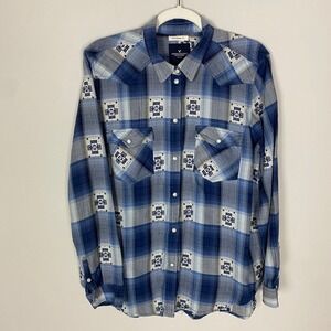 American Eagle Western Plaid Snap Shirt Boyfriend Fit Womens Large Embroidered